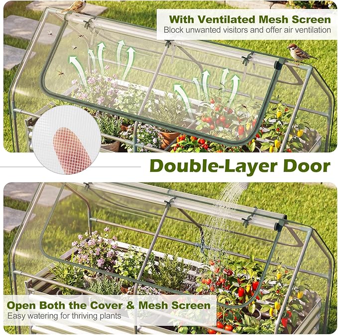 S AFSTAR 3-in-1 Raised Garden Bed with Greenhouse Cover, 6FT x 3FT x 4FT Galvanized Bottomless Planter Box Kit with Dual Roll-Up Screen Windows, Outdoor Mini Greenhouse for Vegetables (Silver & Clear)