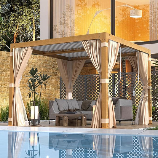 EROMMY Louvered Pergola 10x10, Outdoor Aluminum Pergola with Adjustable Rainproof Roof for Garden, Patio, Deck, Waterproof Curtains and Netting Included, Wood Grain