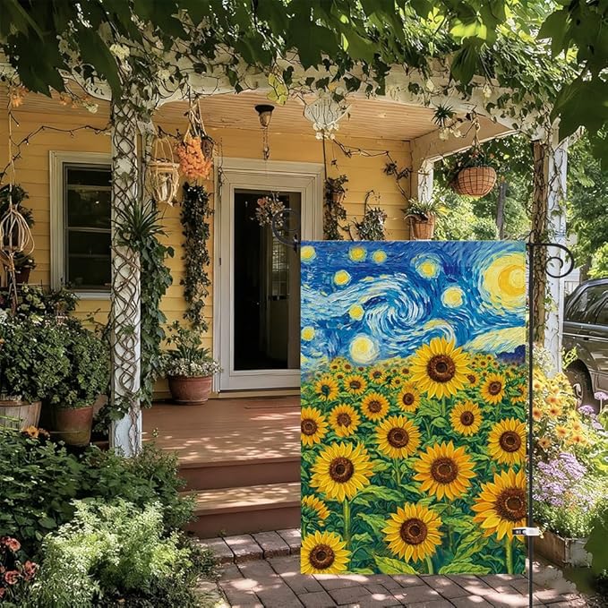 Baccessor Spring Summer Sunflowers Garden Flag 12.5x18 Inch Double Sided Burlap,Starry Night Flower Flag Yard Lawn Seasonal Farmhouse Outside Outdoor Decoration