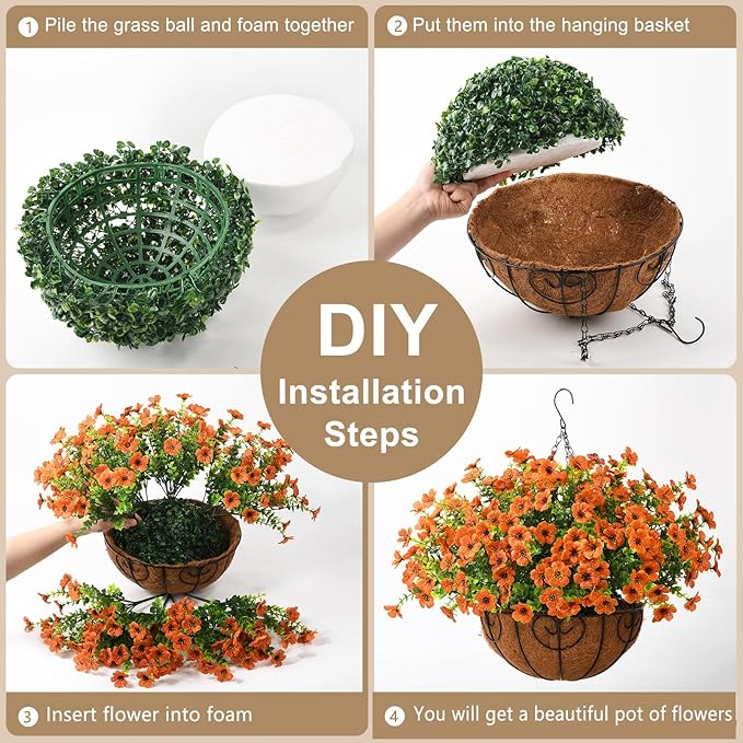 ZFProcess Artificial Faux Hanging Plants Flowers Basket for Fall Outdoor Decoration, Fake Silk Daisy in Planter Realistic UV Resistant Look Real for Porch Home Patio Balcony Yard(Orange)