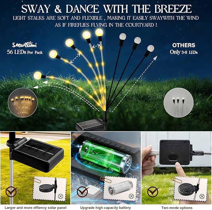 Solar Garden Lights Outdoor Decor(4pack,56LED) Upgraded Solar Swaying Light for Garden Decorative, Waterproof Firefly Light with Big Bulb, for Yard,Patio,Pathway,Party(Warm White)