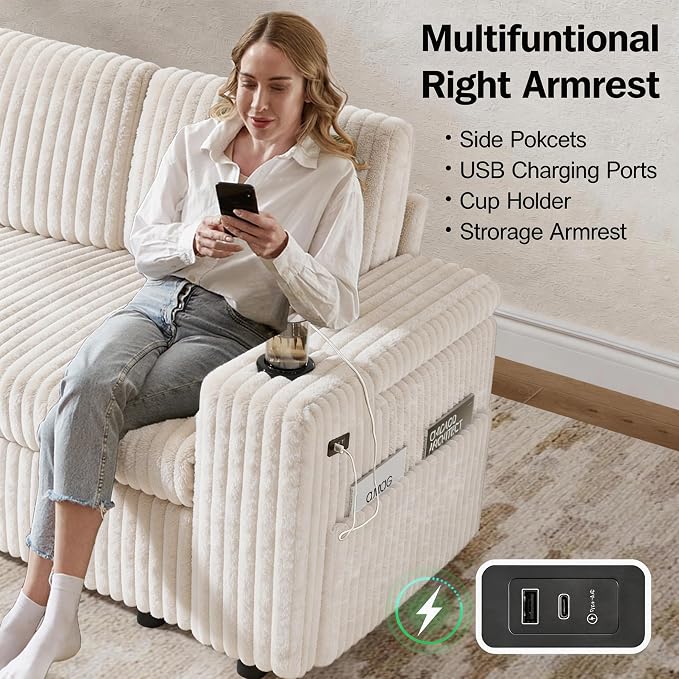 Vipbear 130" Modular Sectional Sleeper Sofa with Pull Out Bed, 9 Seat Corduroy L Shaped Couch with Ottoman and Chaise|USB Ports|Cup Holders|Side Table, Tool Free Assembly, Beige