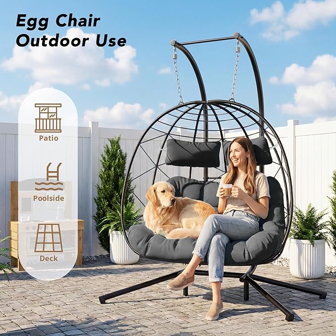 Easyego 2-Person Wicker Hanging Egg Chair with Stand- 700 lb Capacity, Indoor/Outdoor Double Egg Swing Hammock Chair for Patio, Garden, Porch, Living Room, Bedroom-Dark Grey
