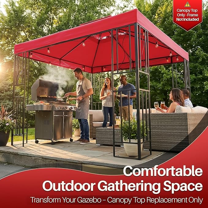 Flexzion Gazebo Cover Replacement Canopy Top 10x10 Ft (3m x 3m) - Double Tier Top Canopy Cover Replacement with UV30+, Dirt, Water Resistant for Outdoor, Sunshade, Garden, Patio, Pavilion (Red)