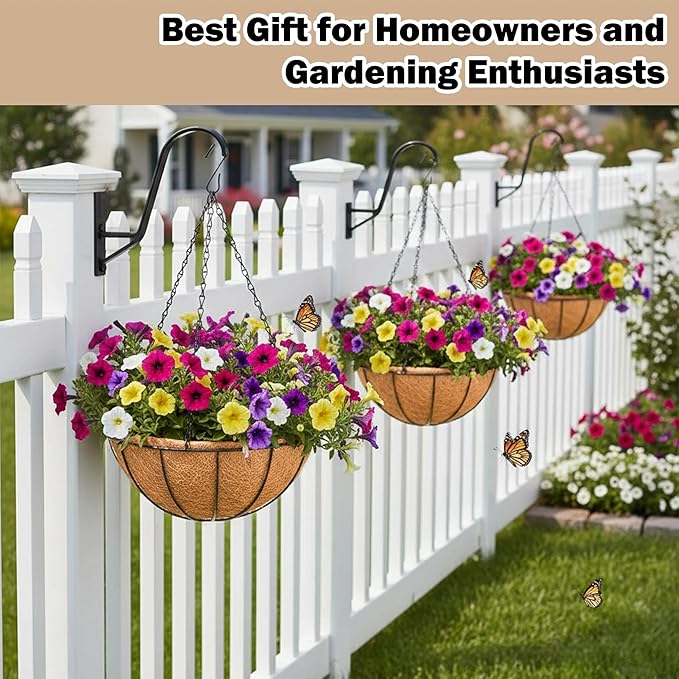 2 Pack 12 inch Hanging Baskets Planter for Plants Vegetables Flowers Outdoor Black Round Wire Plant Holder with Coco Fiber Liners Garden Balcony Patio Deck Porch Indoor Hanging Baskets