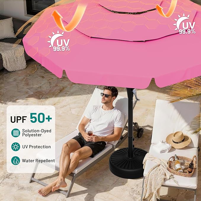 AreShark 9FT 3-Tiers Patio Umbrella with Valance, Outdoor Umbrellas with Crank/Tilt, Table Market Umbrella Vented w/ 8 Sturdy Ribs for Garden, Deck, Backyard, and Pool, Rose Pink