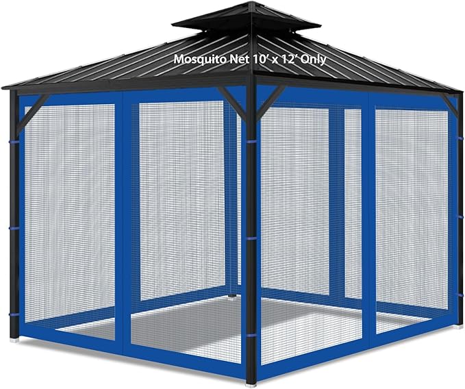 Gazebo Universal Replacement Mosquito Netting, 10' x 12' Outdoor Mesh Netting Screen 4-Panel Sidewall with Zipper for Patio Canopy Garden Porch Pergolas and Backyard, Blue(Mosquito Net Only)