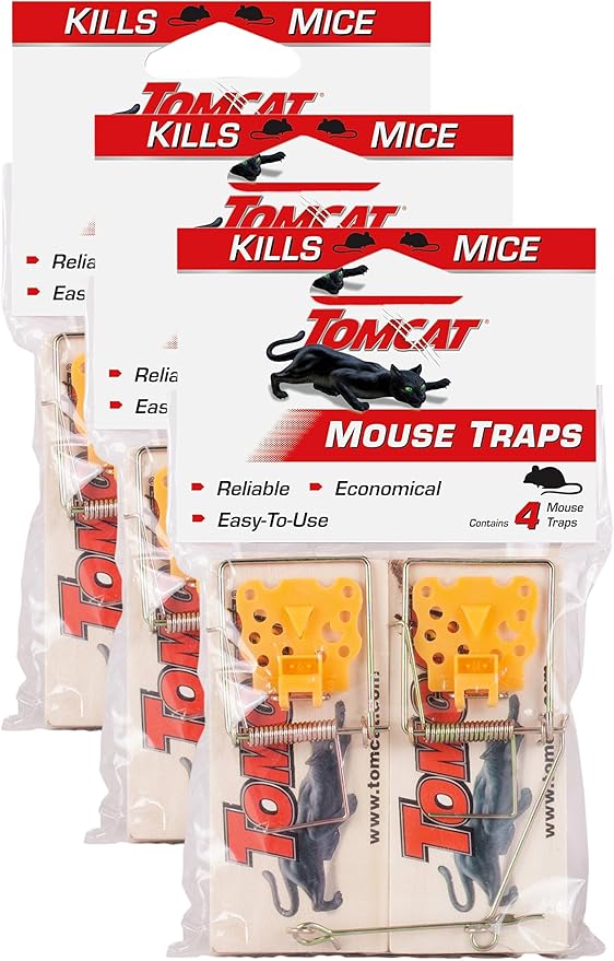 Tomcat Wooden Mouse Traps - Disposable Non-Chemical Mouse Trap for Homes,Garages and Basements,4 Count (Pack of 3)