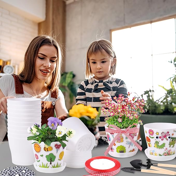 30 Pack Garden Plastic Pot Craft Kit DIY Flower Plant Crafts Nursery Pots Flower Planting Growing Kit for Mother's Day Spring Summer Home Classroom School Creative DIY Art Project Activities