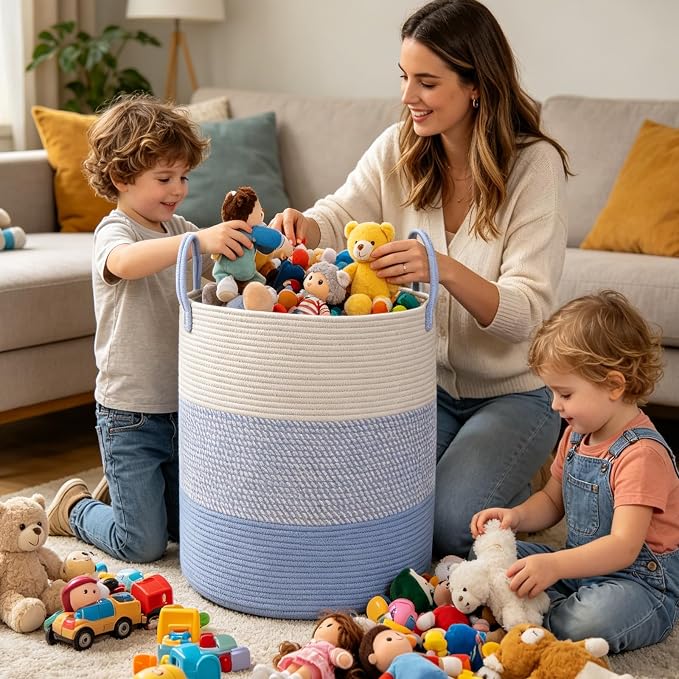 55L Woven Laundry Basket, Large Clothes Hamper with Handles- Blue