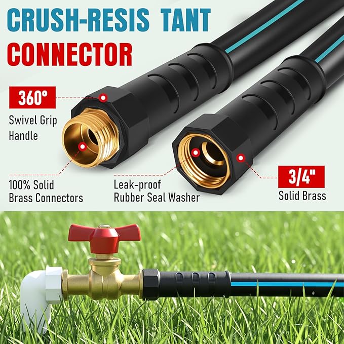 Heavy Duty Garden Hose 100 ft, NON-EXPANDABLE Water Hose with 10 Function Spray Nozzle, Lightweight Kink-less Hybrid Hose with Swivel Handle, Male to Female Fittings