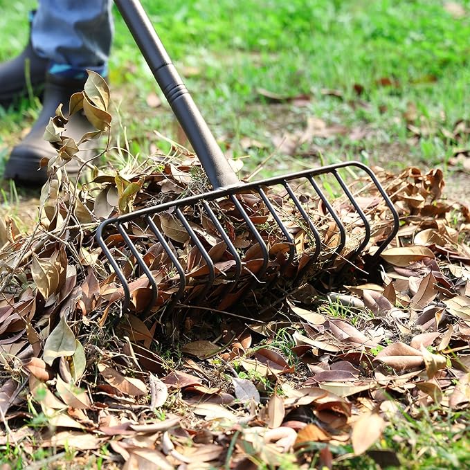 Bow Rake, Heavy Duty 16-Inch Metal Garden Rake with 72-Inch Long Handle & 11 Steel Tines – Durable Landscape Rake for Moving Soil, Gravel, Mulch, Thatch, Leaves, Hay, and Yard Debris