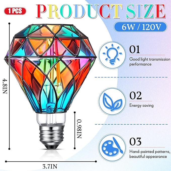 Baquler 1 Pcs Stained Glass LED Light Bulb Diamond Shape E26 Base A60 6 Watts G95 Shape Colorful Flickering Light Bulbs for Christmas, Home Balcony Garden Party Decoration (Retro)
