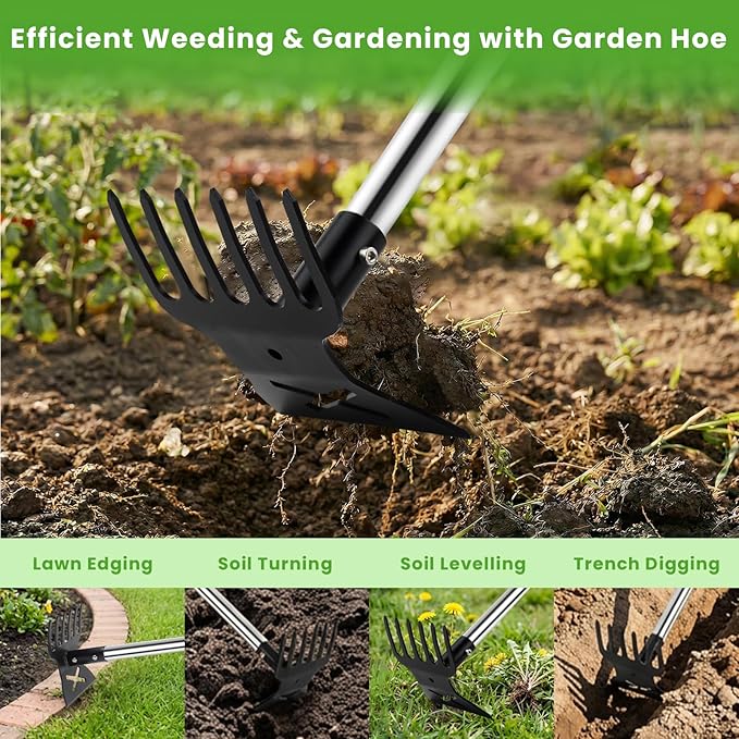 2-in-1 Garden Hoe & Weed Puller Tool with Long Handle, 57" Garden Weeders and Cultivators, Heavy Duty Manual Weed Remover Tool with 6-Tine Weeding Rake for Weeds Grass in Lawn, Garden, Yard, Patio