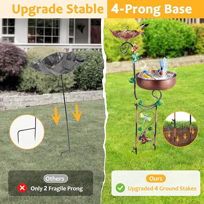 2 In 1 Bird Bath for Outside, Free Standing Large Metal Bird Baths Bowls & Bird Feeder Combo for Outdoors Garden Yard Lawn Decor, Vintage Wild Birdbaths Stand for Hummingbird, Copper