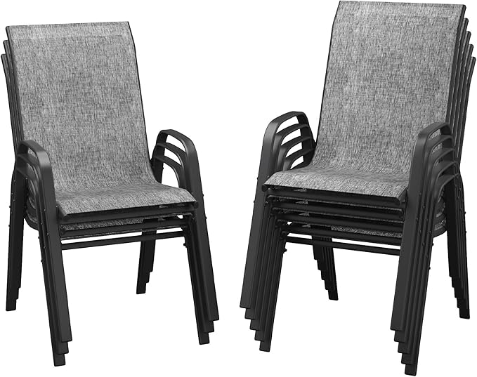 DIFY Patio Chairs Set of 8, Stackable Outdoor Dining Chairs Set with Breathable Textilene High Back and All-Weather Metal Frame for Garden, Backyard, Deck, Grey