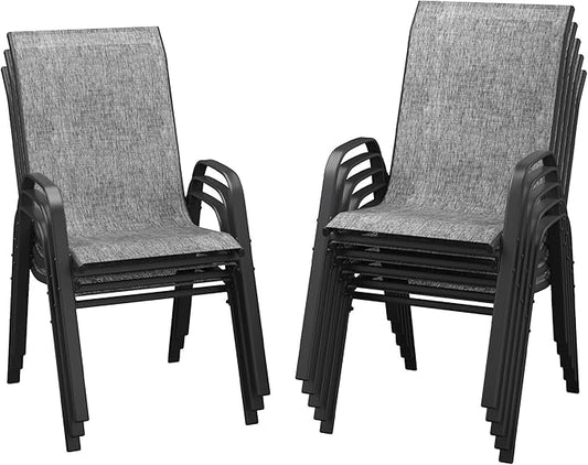 DIFY Patio Chairs Set of 8, Stackable Outdoor Dining Chairs Set with Breathable Textilene High Back and All-Weather Metal Frame for Garden, Backyard, Deck, Grey
