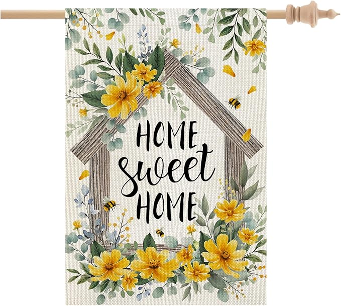 CROWNED BEAUTY Spring Home Sweet Home House Flag Eucalyptus Yellow Wildflowers Double Sided 28x40 Inches Large Burlap Welcome Holiday Seasonal Yard Decoration for Outside Porch