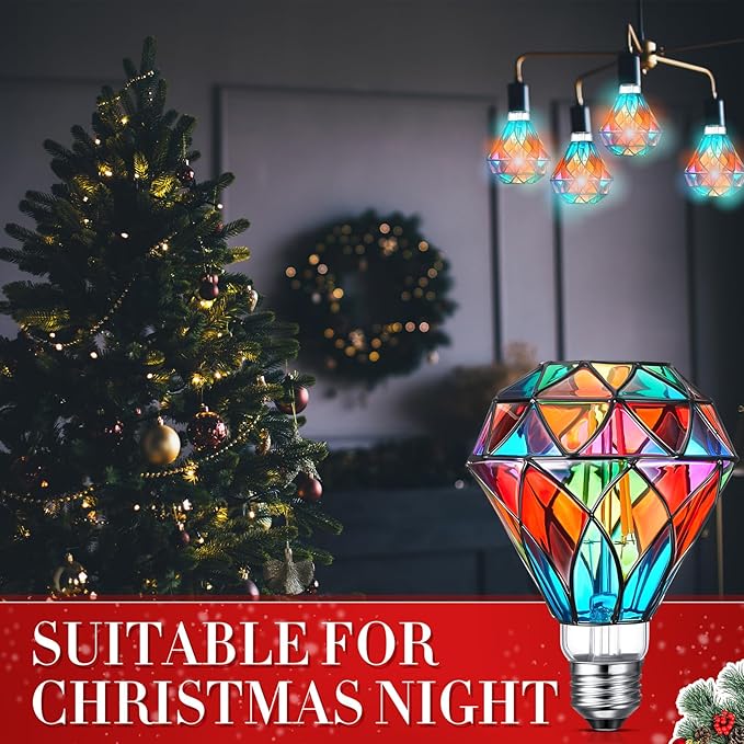 Baquler 4 Pcs Stained Glass LED Light Bulb Diamond Shape E26 Base A60 6 Watts G95 Shape Colorful Flickering Light Bulbs for Christmas, Home Balcony Garden Party Decoration (Retro)