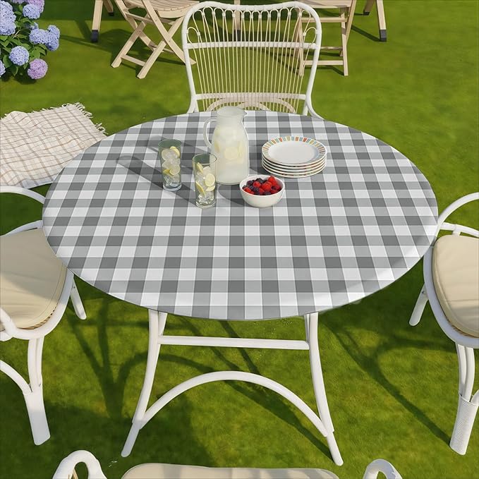 Fitted Round Tablecloth Wipe Clean Table Cloth Vinyl Inside Outside Circle Cover for 45-54" Tables Dining Kitchen Family Festival Items Gifts Summer Fall Patio Picnic Camp Garden Essential