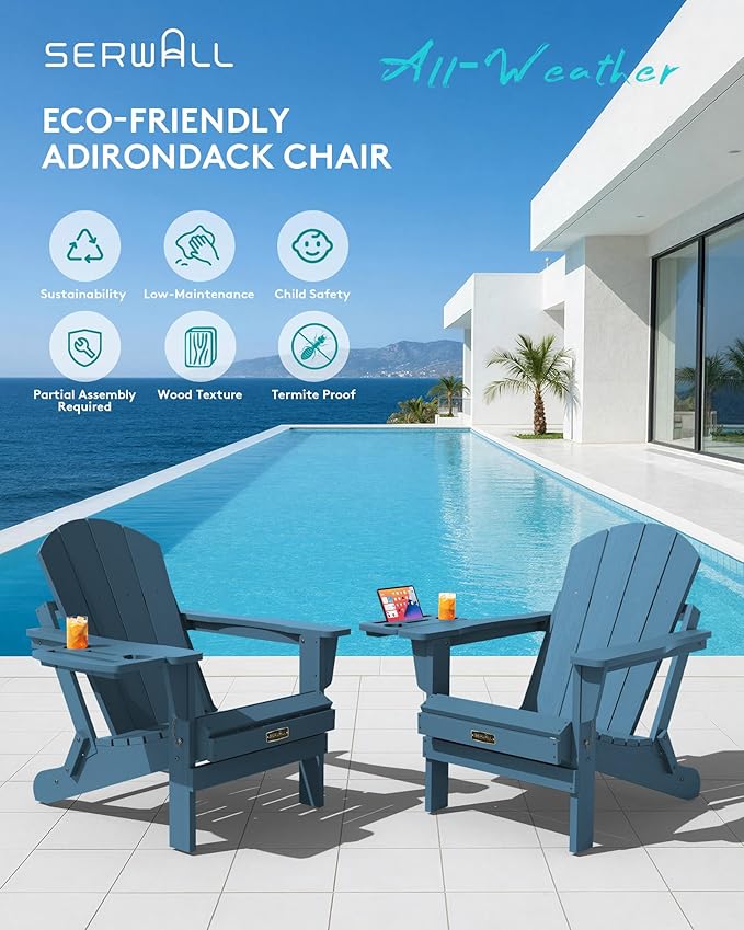 SERWALL Folding Adirondack Chair, Patio Adirondack Chairs with 4 in 1 Cup Holder, Weather Resistant Patio Chair, Plastic Fire Pit Chair for Outdoor, Garden, Backyard, Deck - Blue