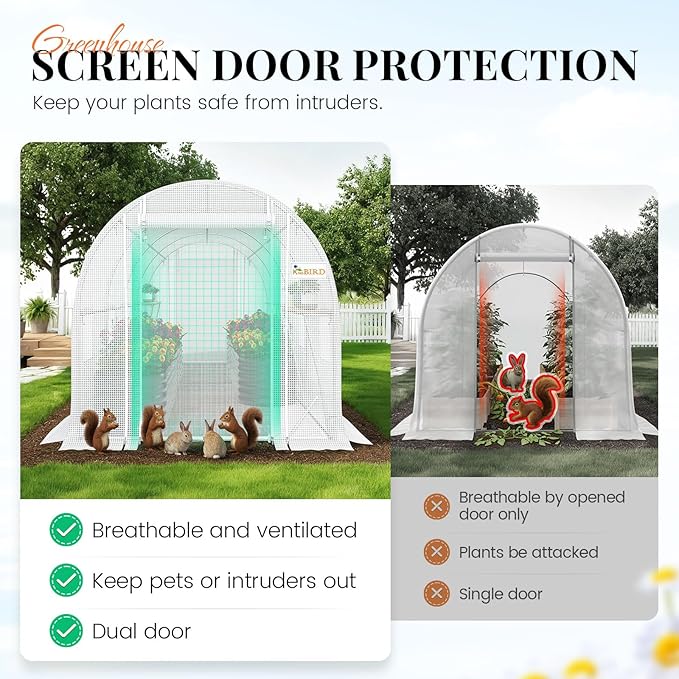 KING BIRD Premium 15x7x7 FT Greenhouse for Outdoors, Large Walk-in Heavy Duty Galvanized Steel Frame, Mesh Door Screen Window Tunnel Hoop Garden Plant Winter Hot House with Storage Shelves, White