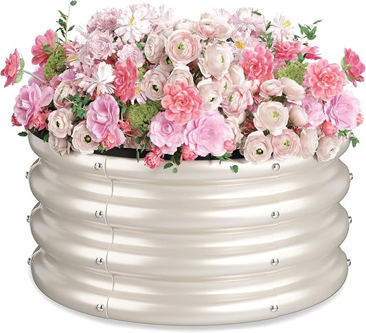 2 x 2 x 1 ft Round Raised Garden Bed, White 1 Pack 0.6 mm Thick Galvanized Steel Planter Box with Double Layer Paint and Safety Edge Trim for Vegetables Flowers Herbs Outdoor Garden