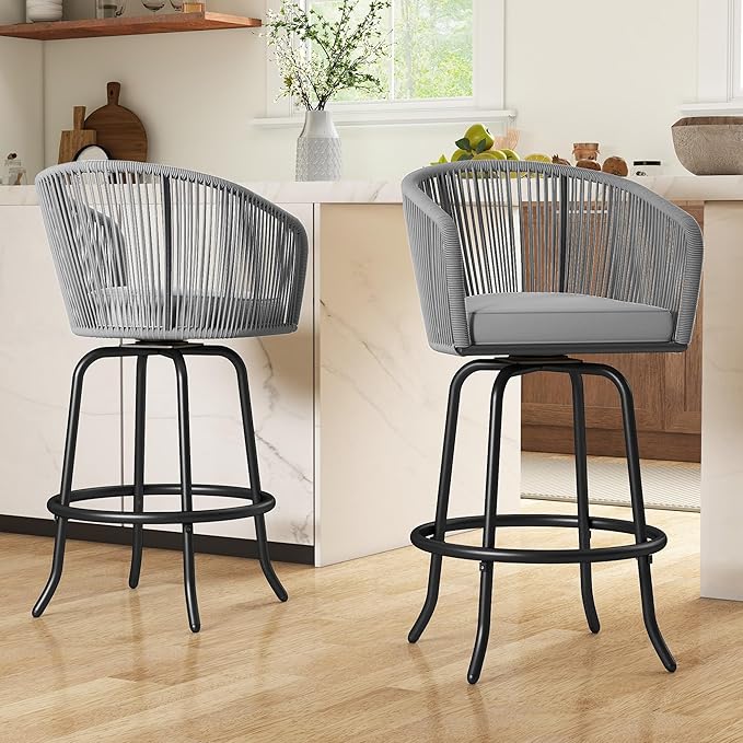 YITAHOME Counter Height Bar Stools Set of 2, Outdoor Bar Stools with Soft Cushions, Patio Rattan Swivel Bar Chairs for Backyard Poolside, Garden w /360 Rotation (Gray)