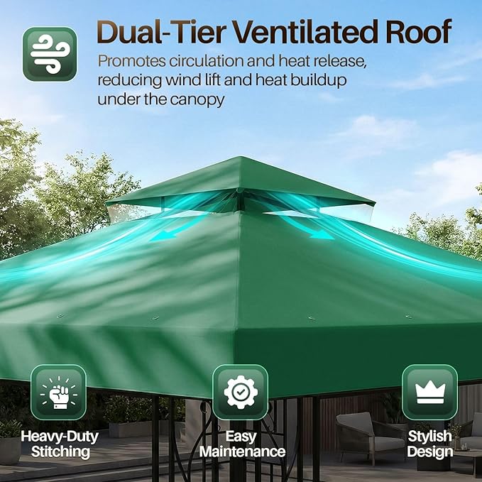 Flexzion Gazebo Cover Replacement Canopy Top 10x10 Ft (3m x 3m) - Double Tier Top Canopy Cover Replacement with UV30+, Dirt, Water Resistant for Outdoor, Sunshade, Garden, Patio, Pavilion (Green)