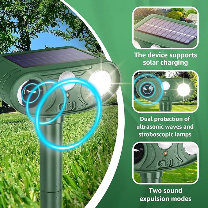 Solar Ultrasonic Animal Repellent Outdoor with Motion Sensor Strobe Light Deer Repellent Devices for Squirrel Rats Snakes Rabbit 25KHZ Silent Deterrent Dual Mode Yard Garden Lawn Pest Control 1PC