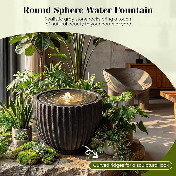 Giantex 18" Round Outdoor Water Fountain with 6 LED Lights, Stone Gray Resin Sphere Waterfall Feature with Adjustable Pump, Lighted Bubbling Fountain for Garden Patio Porch Decor (17.5" Dia. x 14" H)