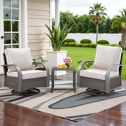Belord Outdoor Swivel Rocker Patio Chairs Set of 2, 3 Piece Wicker Patio Bistro Set with Metals Side Table and Comfort High Back 4" Cushion Outdoor Patio Glider Chair for Balcony Deck Porch