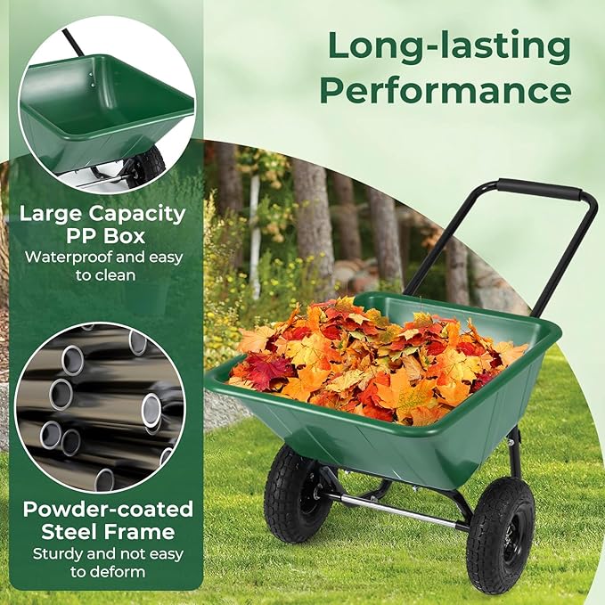 Giantex Dual-Wheel Wheelbarrow, Heavy-Duty Garden Utility Cart with Built-in Stand, Pneumatic Tires, 330 Lbs Capacity, Foldable Handle, 21 Gal Dump Cart for Yard Lawn Moving Soil, Garden (Green)