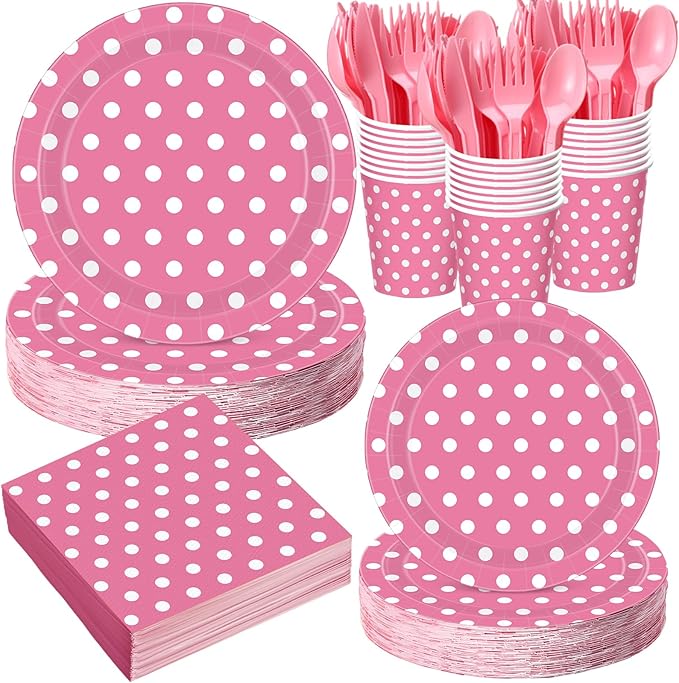 Funnymoom 400 Pcs Pink Polka Dot Party Supplies for 50 Guests White Polka Dot Paper Plates and Napkins Knives Spoon Fork Cup Set Cutlery for Birthday Wedding Bridal Shower Pink Girl
