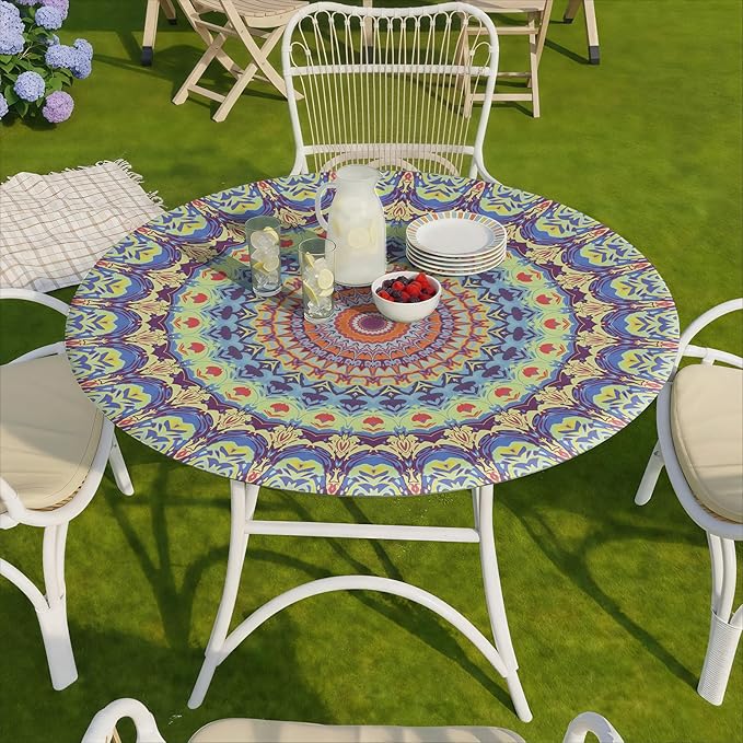 Fitted Mandala Round Tablecloth Waterproof Patio Table Cloths for 45-54" Tables Travel Vacation Camper Accessories Outdoor Road Trip Must Haves New Home Living Room House Decorations
