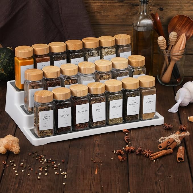 NETANY 24 Pcs Glass Spice Jars with Bamboo Lids, 4 oz Glass Jars with Minimalist Farmhouse Spice Labels Stickers, Collapsible Funnel, Seasoning Storage Bottles for Spice Rack, Cabinet, Drawer