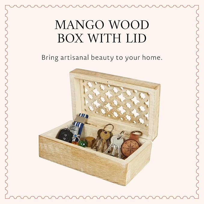 Mela Artisans Trellis Mango Wood Storage Box - Whitewash, 7.5x4.5 in | Hand-carved wooden jewelry box designed for keeping family keepsakes, daily accessories and premium home decor accents.