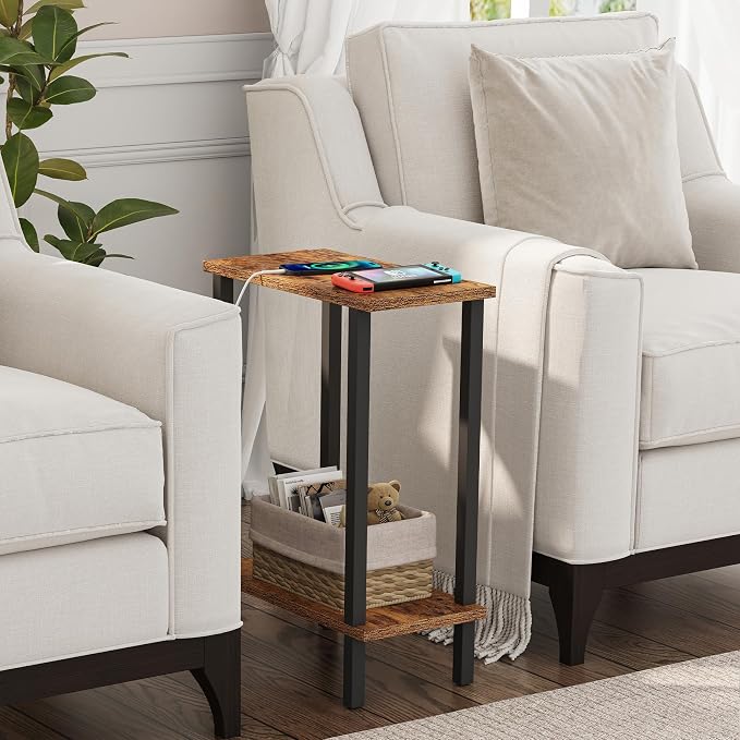 TUTOTAK Narrow Side Table Set of 2, Small End Table for Couch | 2-Tier Skinny Sofa Table, Slim Nightstand, Easy Assembly for Living Room, Bedroom, Brown TB01BB0622