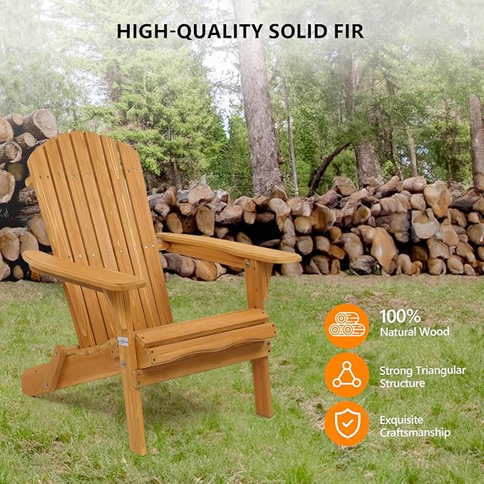 VINGLI Wooden Folding Adirondack Chairs Set of 2 for Outdoor, All Weather Foldable Fir Pit Chairs Clearance Patio Lounge Chairs for Lawn Garden Poolside, Capacity 350LBS