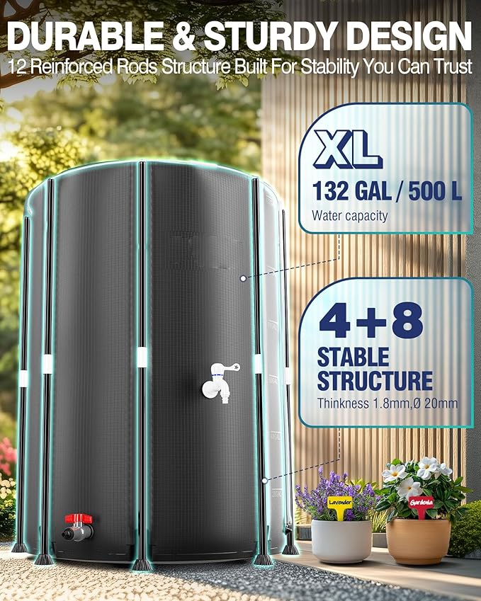 PYY Rain Water Collection Barrel 132 Gallon- Black Water Storage Tank with Spigot, Hose and Portable Bucket, Large Plastic Collapsible Rain Catcher Catchment System to Collect Rainwater from Gutter