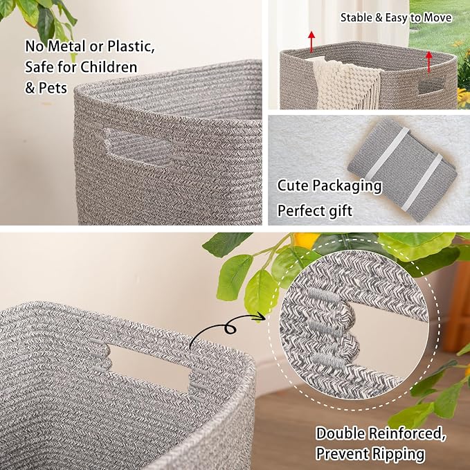 OIAHOMY Laundry Hamper Laundry Basket Rectangle Cotton Storage Basket Grey | 16x13x22in Woven Clothes Hamper with Handles, Large Blanket Basket for Living room, Decorative Storage bins for Toys,Pillows