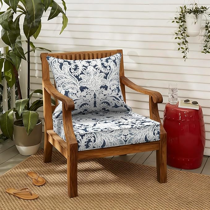 LVTXIII Outdoor Seat and Back Cushion Patio Deep Seat Cushion Set Seasonal Chair Cushion for Wicker Chairs and Garden Furniture Decoration, 22"x22"x4", Damask Lapis