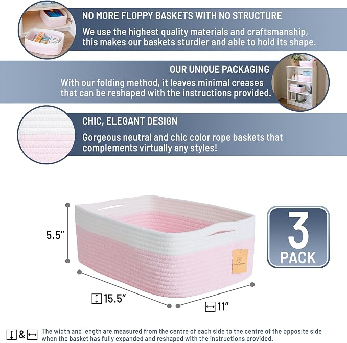 Woven Rope Baskets for Organizing, 3 Pack, 15.5 x 11 x 5.5" Storage Bins