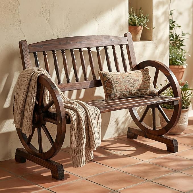 Outvita 41'' Outdoor Wooden Bench, 2-Person Rustic Wagon Wheel Bench with Slatted Seat and Carbonized Fir Wood Construction, Weather-Resistant Garden Bench for Patio, Porch and Backyard(Dark Brown)
