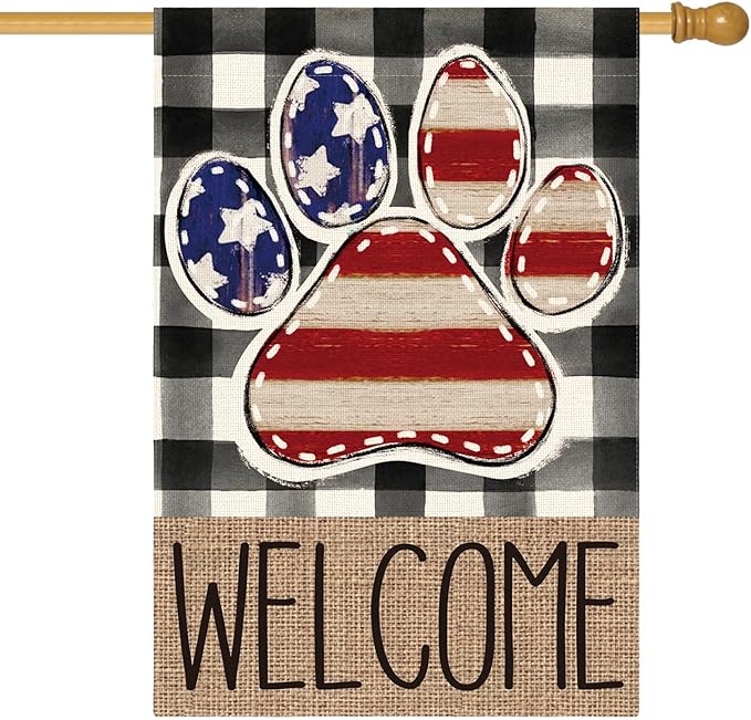 AVOIN colorlife American Flag Paw Print Patriotic 4th of July House Flag 28x40 Inch Double Sided Outside, Welcome Buffalo Plaid Yard Outdoor Decoration