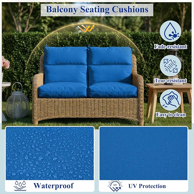 Geelin 4 Pack Outdoor/Indoor High-Back Chair Cushions 44×21 in, Stuffed Tufted Replacement Patio Chair Cushions with Ties Weather Resistant Pads for Patio Furniture (Blue)