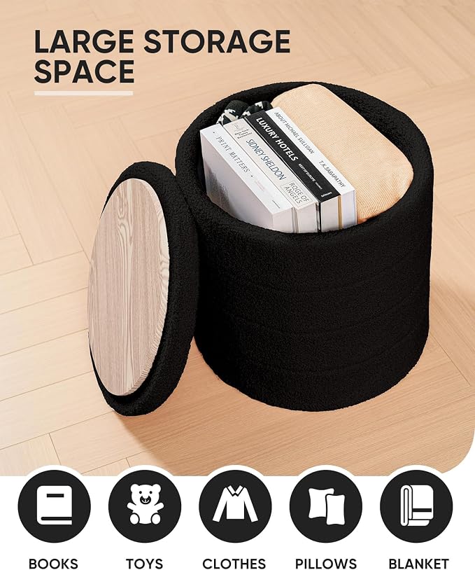 B FSOBEIIALEO Folding Storage Ottoman, Round Sherpa Ottomans, Black
