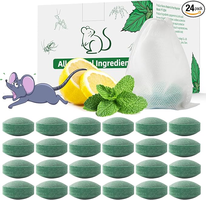 Pest Rodent Repellent, 24 Pack Peppermint Oil Repellent for Mouse Rats Spider Roach Ant Squirrel Pest Control Indoor & Outdoor, Natural Mice Deterrent Replace Trap Poisoning Family & Pet Safe Green