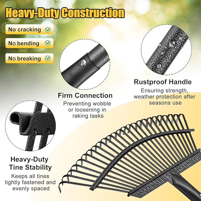 Garden Rake for Leaves: 18” Wide Metal Leaf Rake, 65” Long Adjustable Handle, Heavy Duty 25 Teeth, Fast Kids Women Large Lawn Yard Garden Leaf Cleanup Gardening Rakes: Grass,Debris,Pine Needles Pick