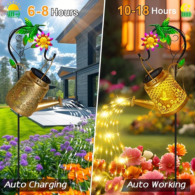 Hummingbird Solar Lanterns Garden Decor, Outdoor Waterproof Watering Can with Shepherd Hook, Solar Garden Decor for Yard Outdoor Landscape Pathway, Gifts for Mother's Day Women Mom Grandma Birthday